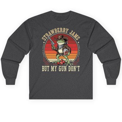 Strawberry Jams but My Gun Don't cowboy frog Long Sleeve Tee Dark Heather product mockup