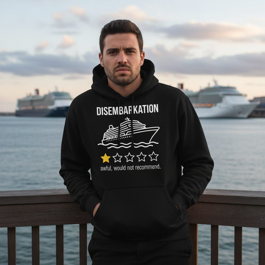 Disembarkation Awful, Would Not Recommend cruise ship humor Hoodie Black lifestyle mockup