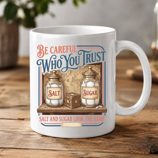 Be Careful Who You Trust Salt and Sugar Look the Same White Mug - product mockup - White