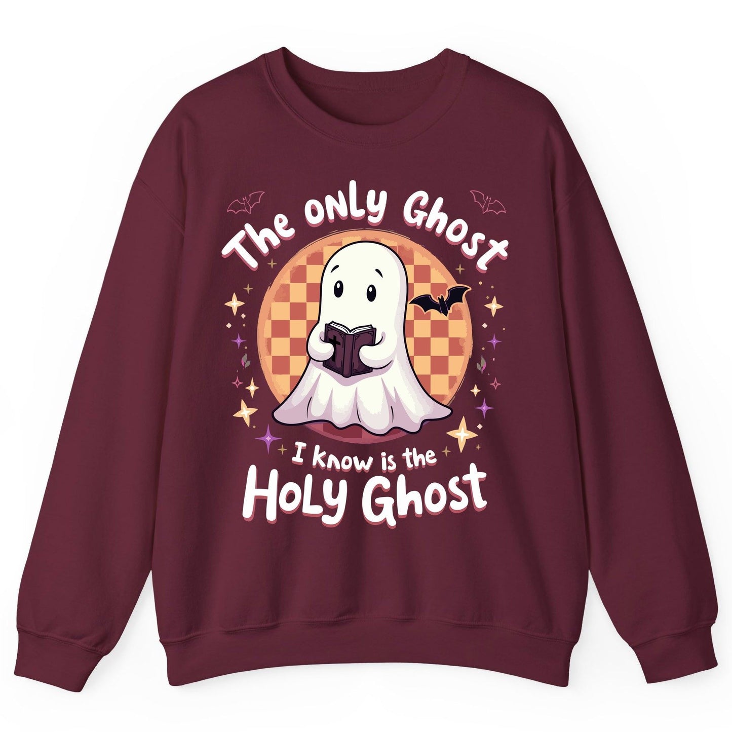 The Only Ghost I Know Is the Holy Ghost christian Halloween Sweatshirt Maroon product mockup