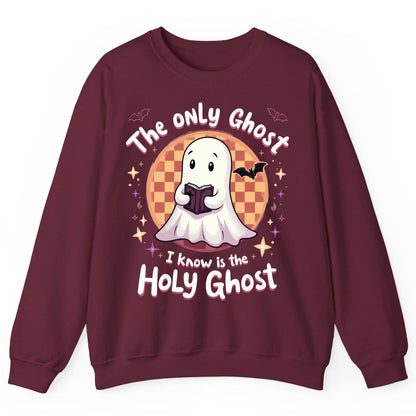The Only Ghost I Know Is the Holy Ghost christian Halloween Sweatshirt Maroon product mockup