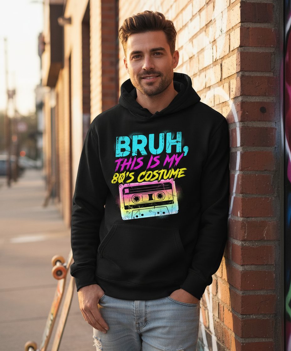 BRUH, THIS IS MY 80'S COSTUME 1980s nostalgia Hoodie Black lifestyle mockup