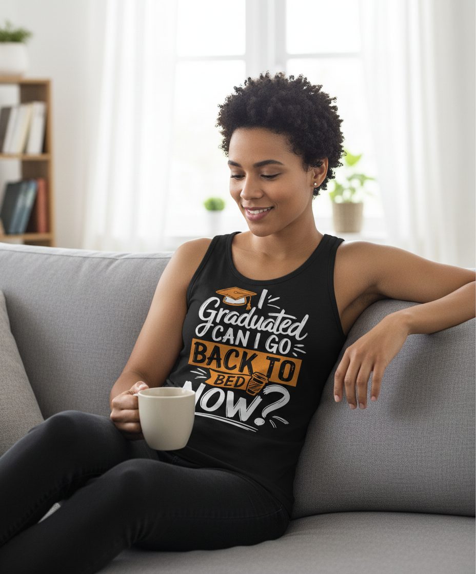 I Graduated Can I Go Back to Bed Now Funny Graduation Tank Top - lifestyle model mockup - Black