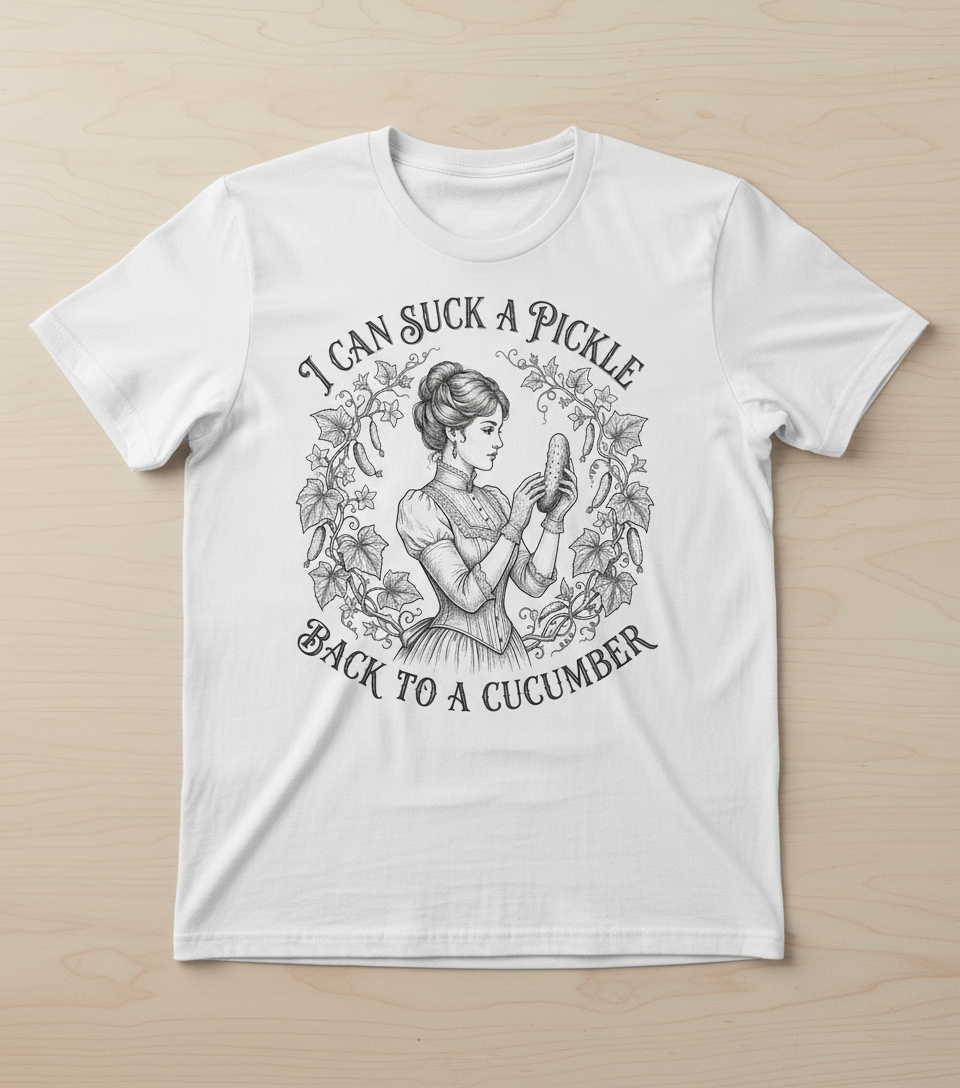 Vintage Victorian "I Can Suck a Pickle Back to a Cucumber" Design T-Shirt - White