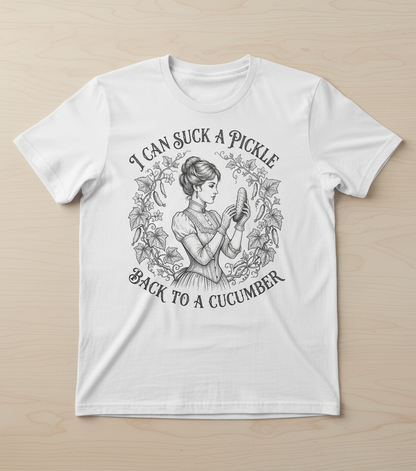 Vintage Victorian "I Can Suck a Pickle Back to a Cucumber" Design T-Shirt - White