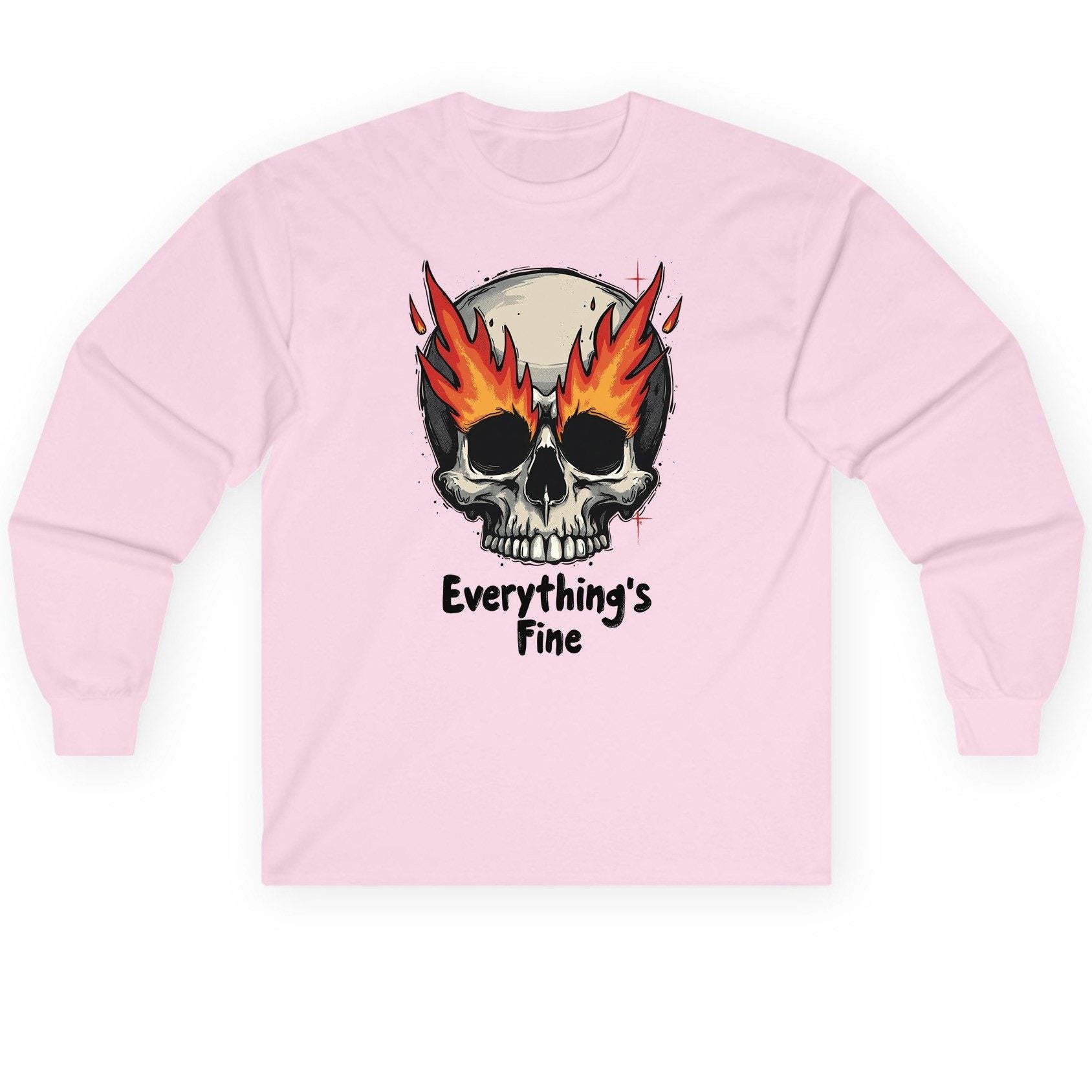 Everything's Fine flaming skull Long Sleeve Tee Light Pink product mockup