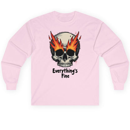 Everything's Fine flaming skull Long Sleeve Tee Light Pink product mockup