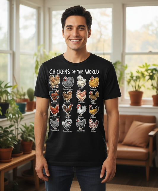 Chickens of the World chicken breeds T-Shirt Black lifestyle mockup