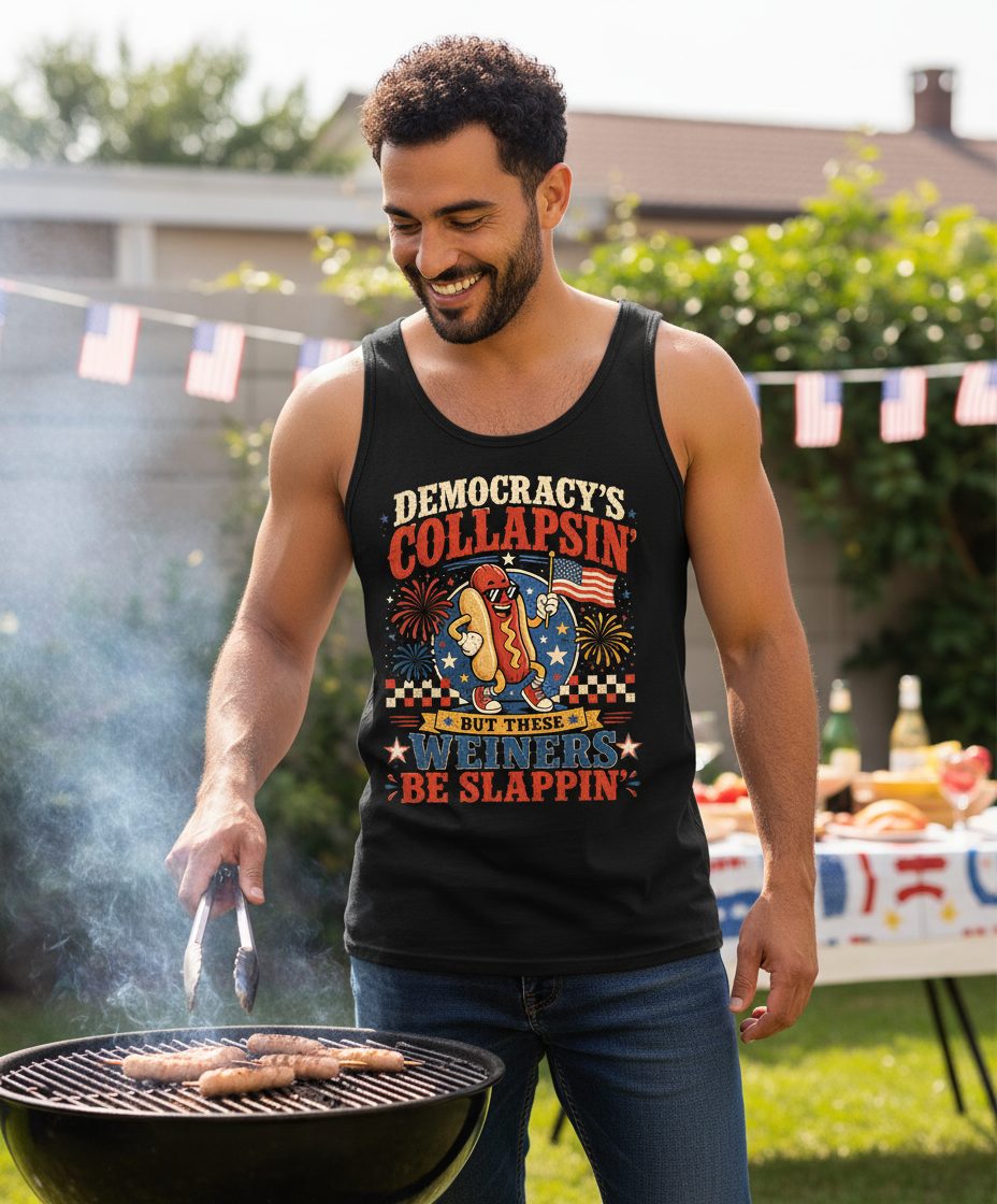 Democracy's Collapsin' but These Weiners Be Slappin' Tank Top - lifestyle model mockup - Black