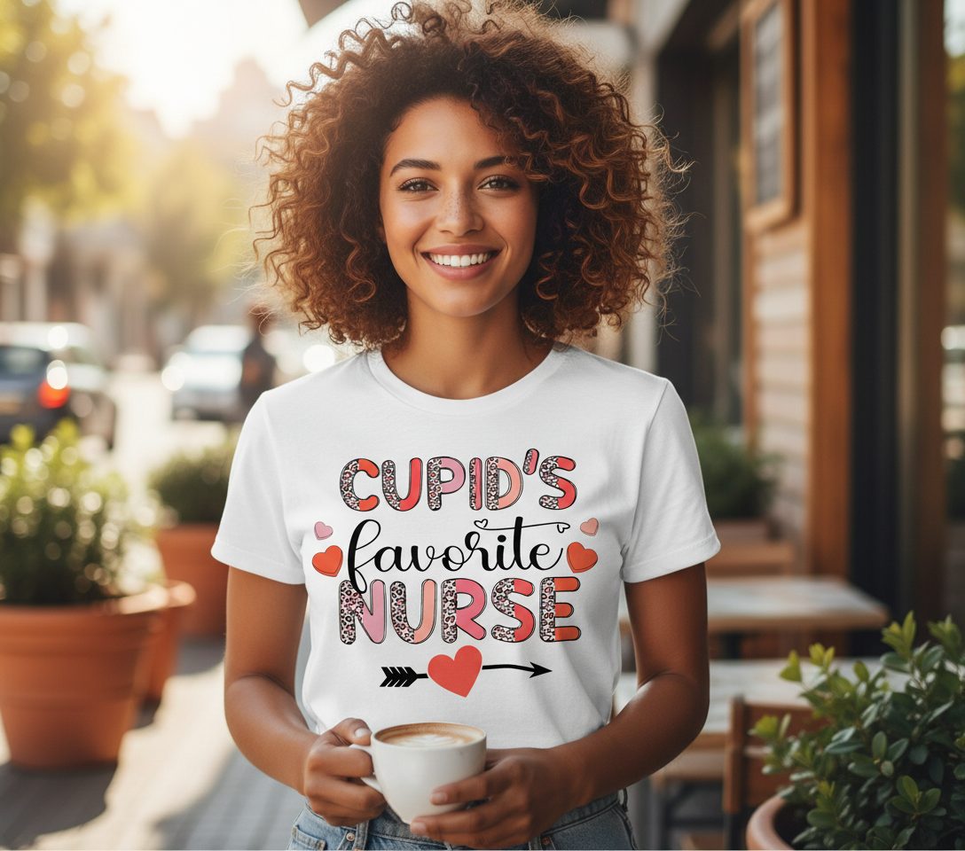 Cupid's Favorite Nurse nurse T-Shirt White lifestyle mockup