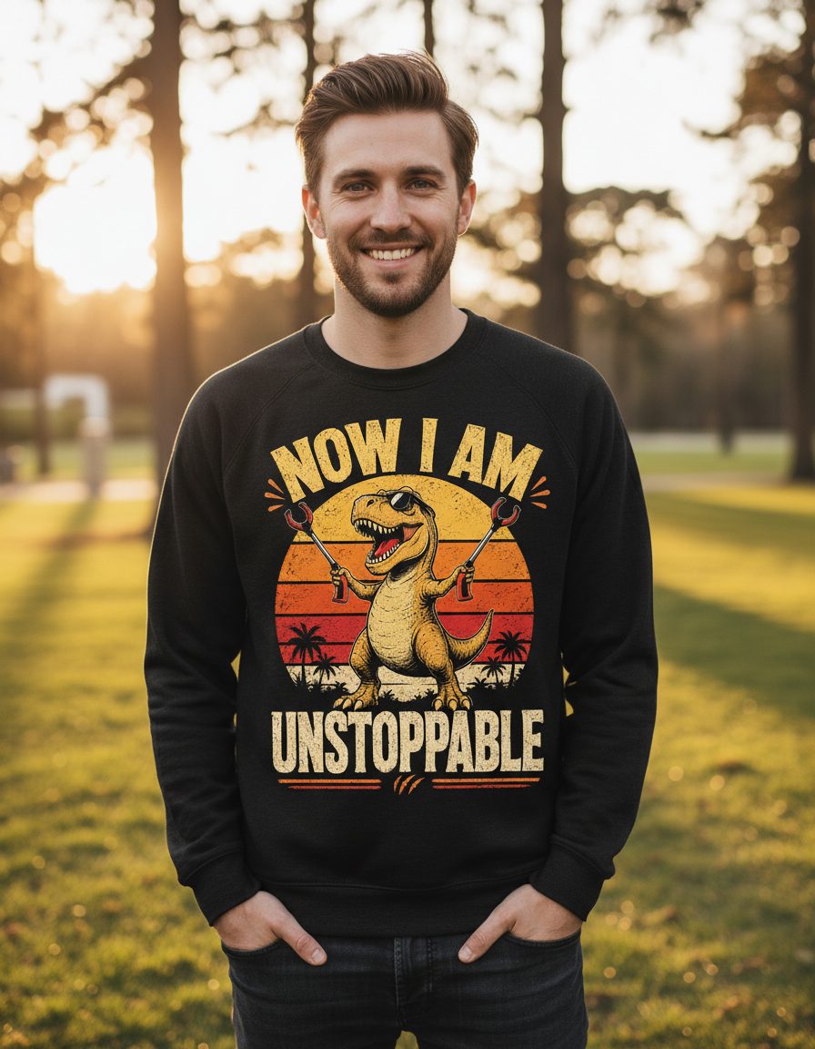 Now I Am Unstoppable Funny T-Rex Sweatshirt - lifestyle model mockup - Black