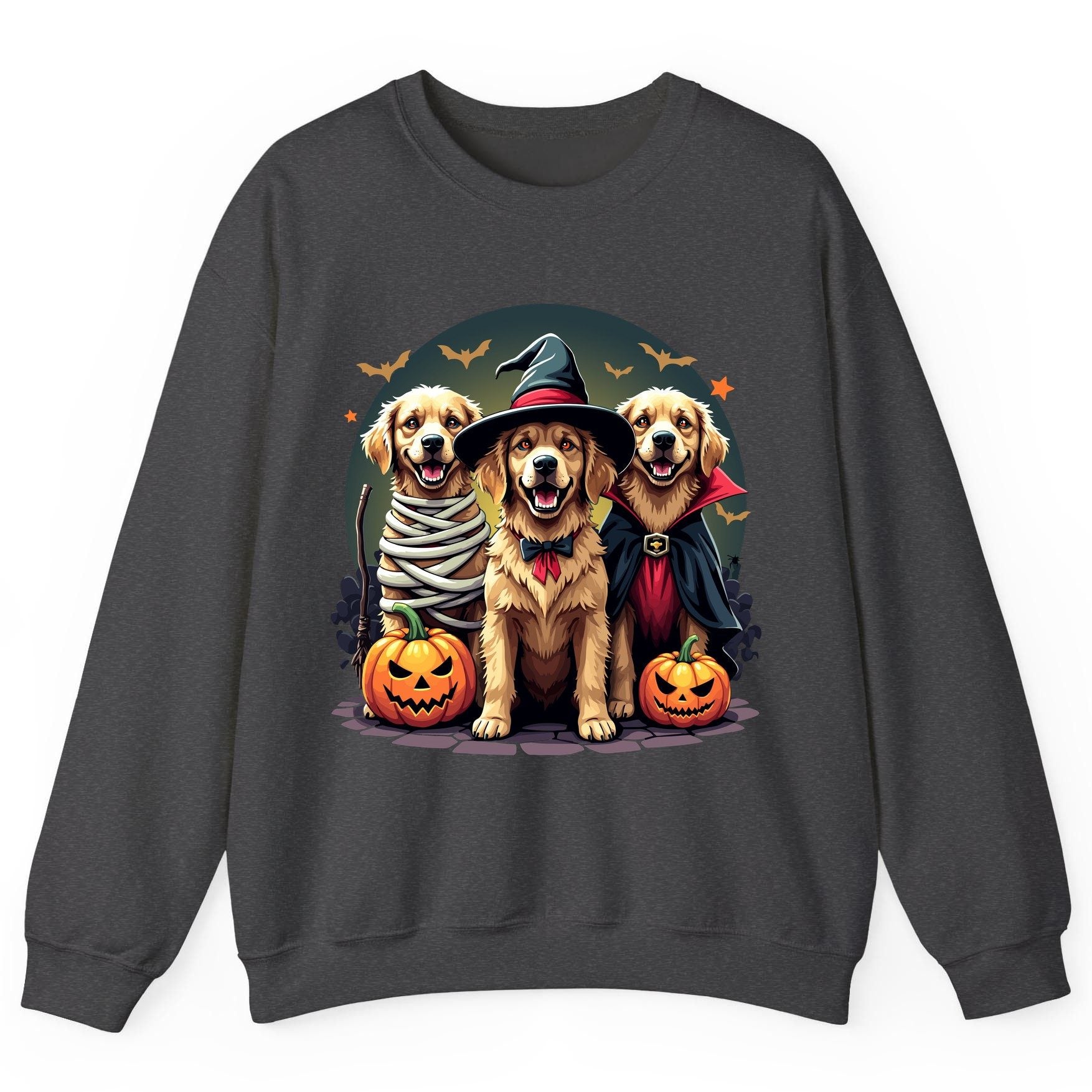 Golden Retriever Halloween Trio golden retriever Sweatshirt Dark Heather product mockup