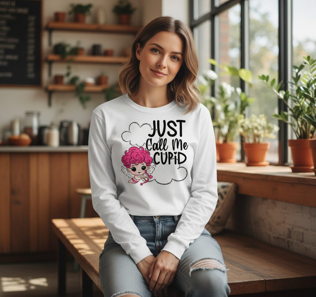 Just Call Me Cupid cupid Long Sleeve Tee White lifestyle mockup