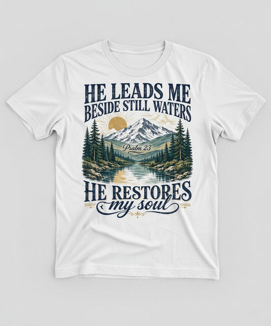 He Leads Me Beside Still Waters He Restores My Soul T-Shirt - product mockup - White