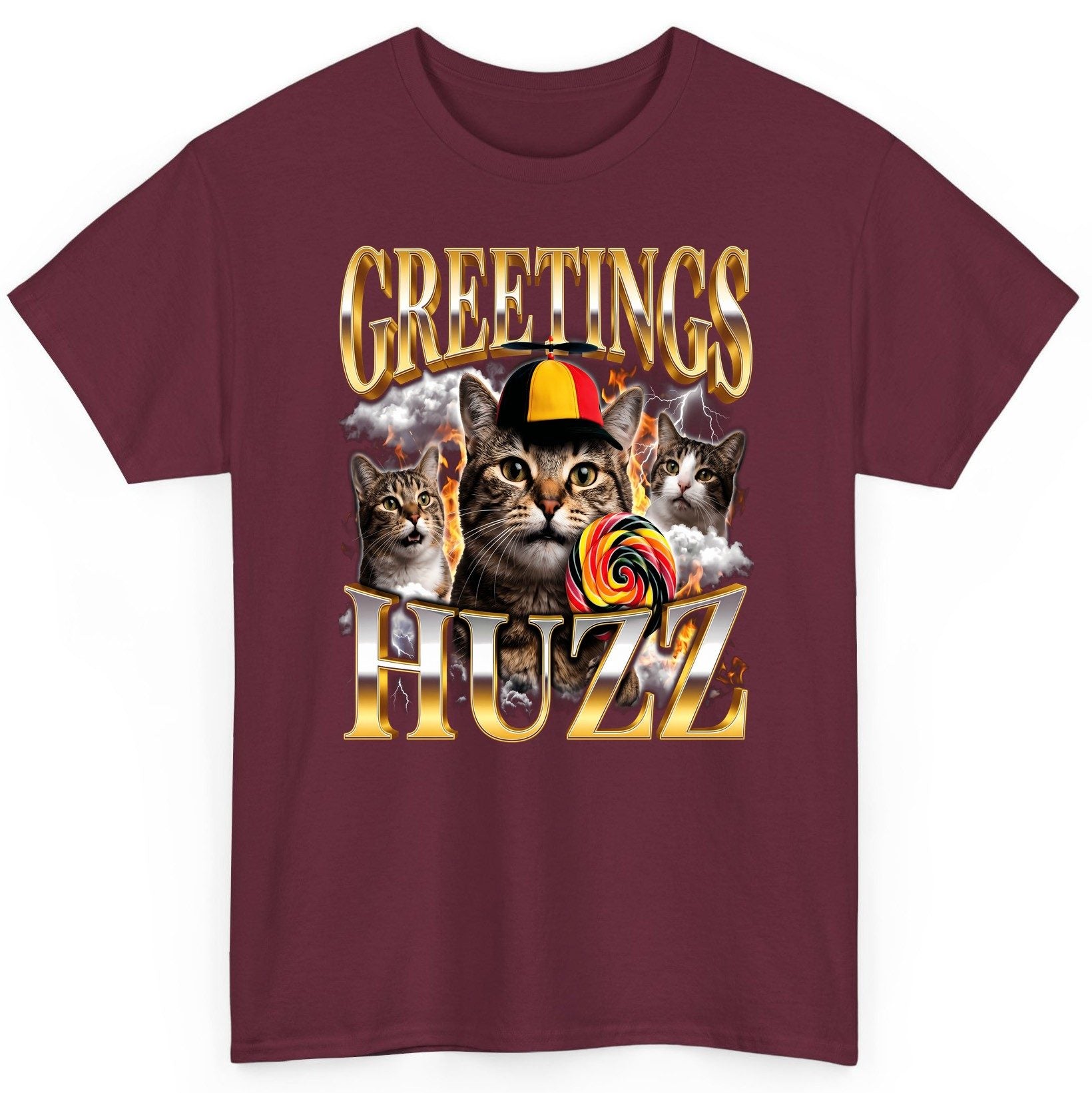 Greetings HUZZ Funny Cats T-Shirt - product mockup - Maroon