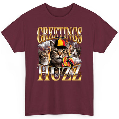 Greetings HUZZ Funny Cats T-Shirt - product mockup - Maroon