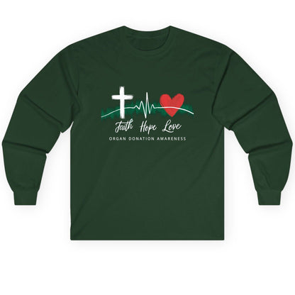 Faith Hope Love Organ Donation Awareness organ donation awareness Long Sleeve Tee Forest Green product mockup