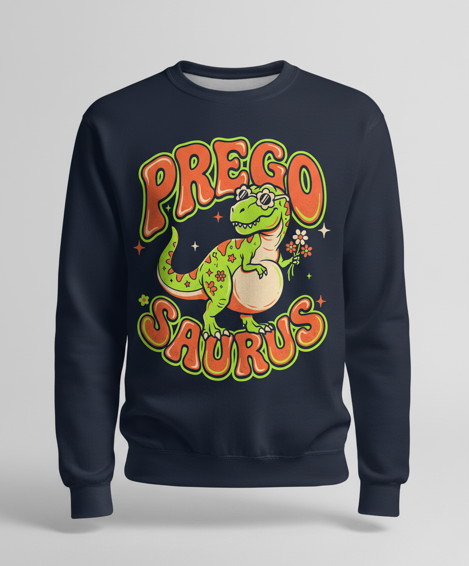 Prego Saurus Retro Pregnant Dinosaur Sweatshirt - Navy