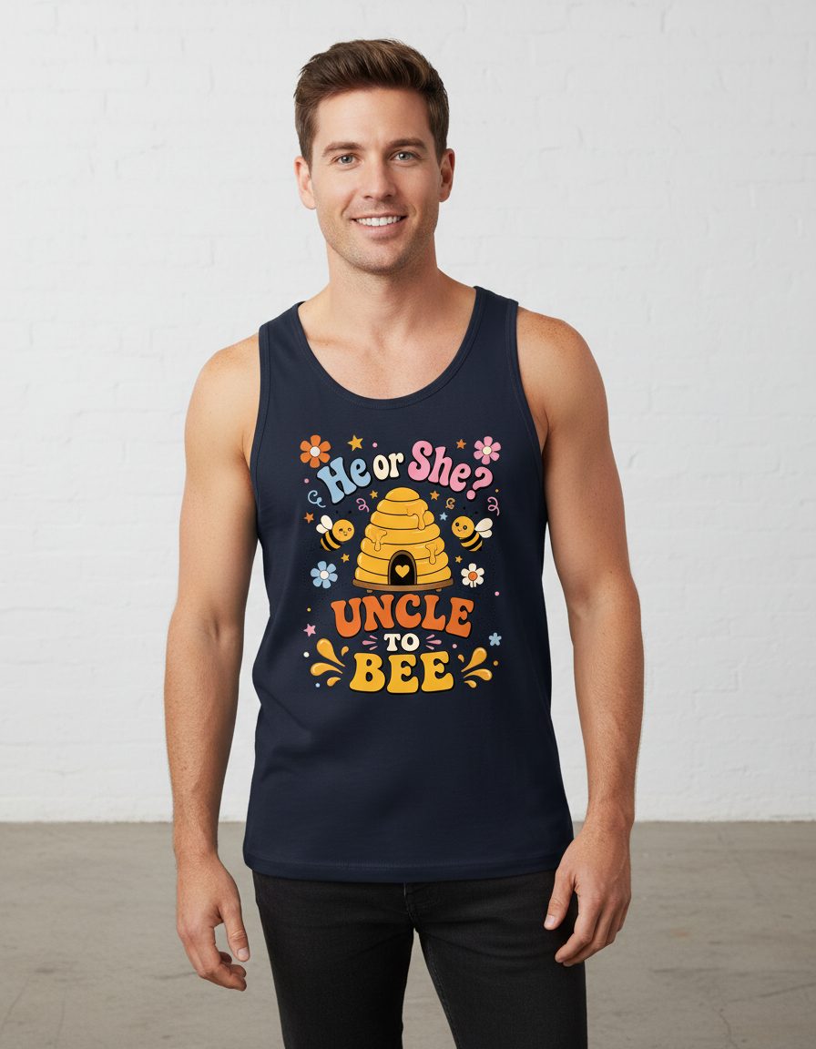 He or She Uncle to Bee Retro Gender Reveal Tank Top - product mockup - Navy