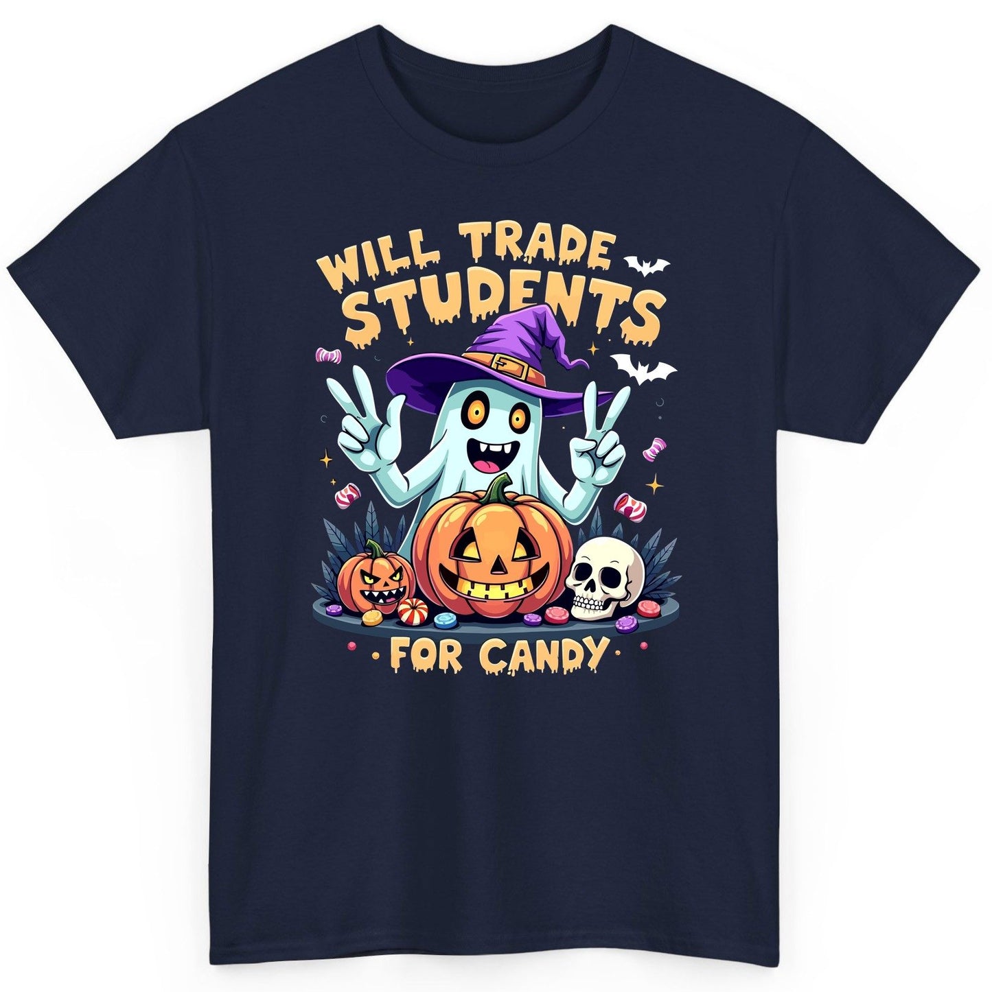 Will Trade Students for Candy teacher humor T-Shirt Navy product mockup