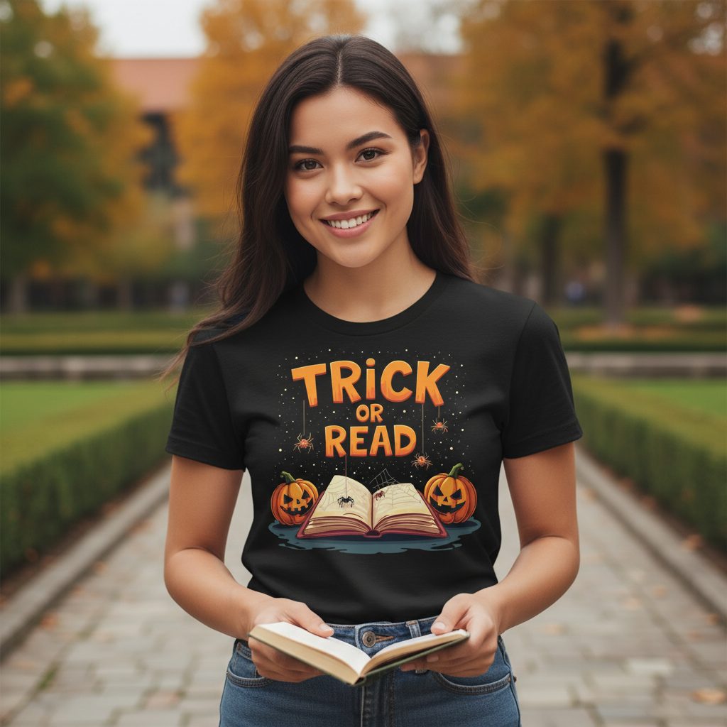 Trick or Read Halloween T-Shirt Black lifestyle mockup
