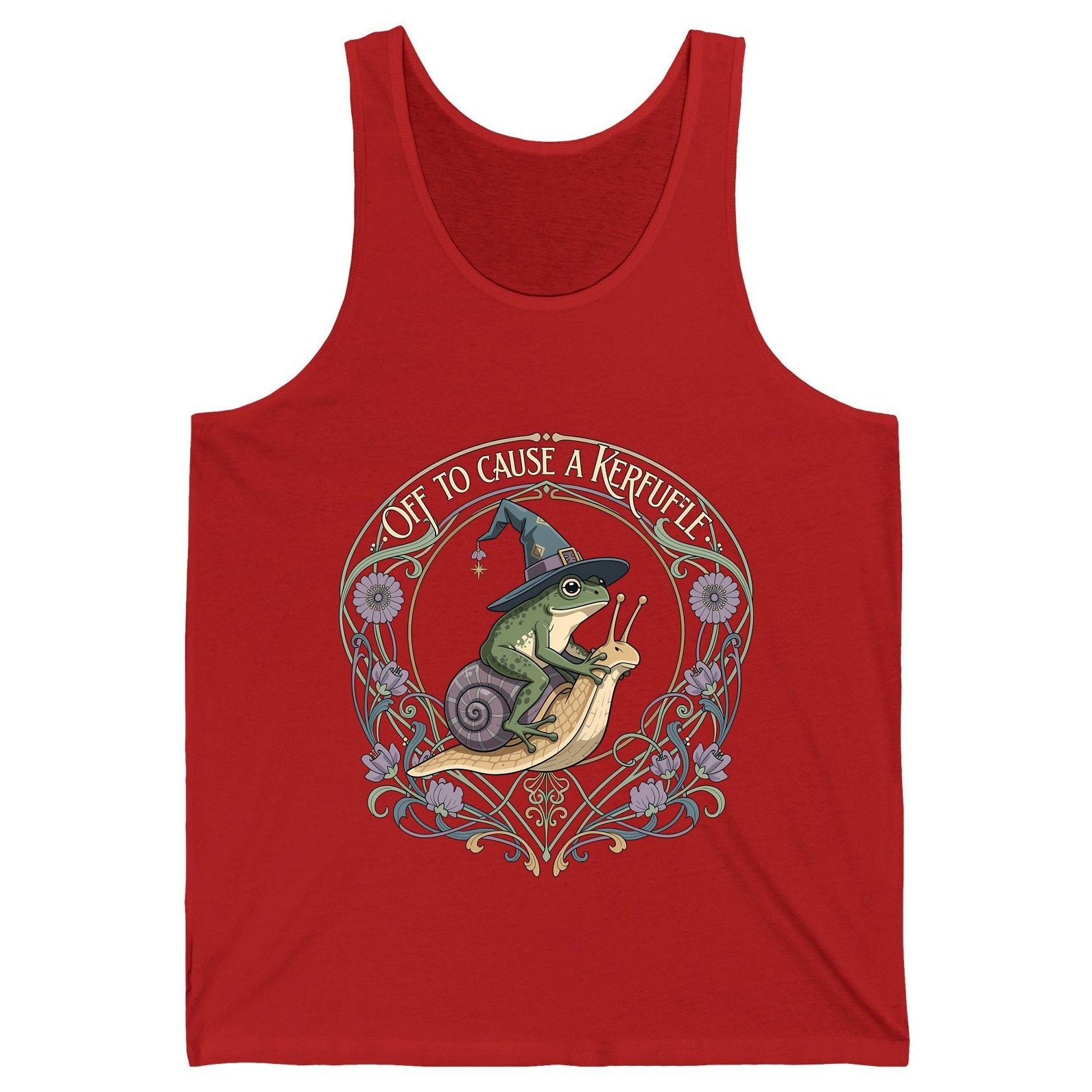Off to Cause a Kerfuffle frog riding a snail Tank Top Red product mockup