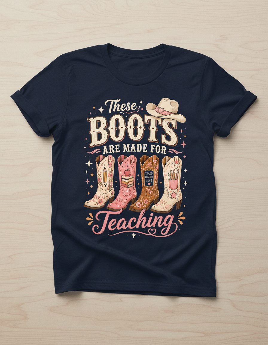 These Boots Are Made for Teaching Teacher T-Shirt - product mockup - Navy
