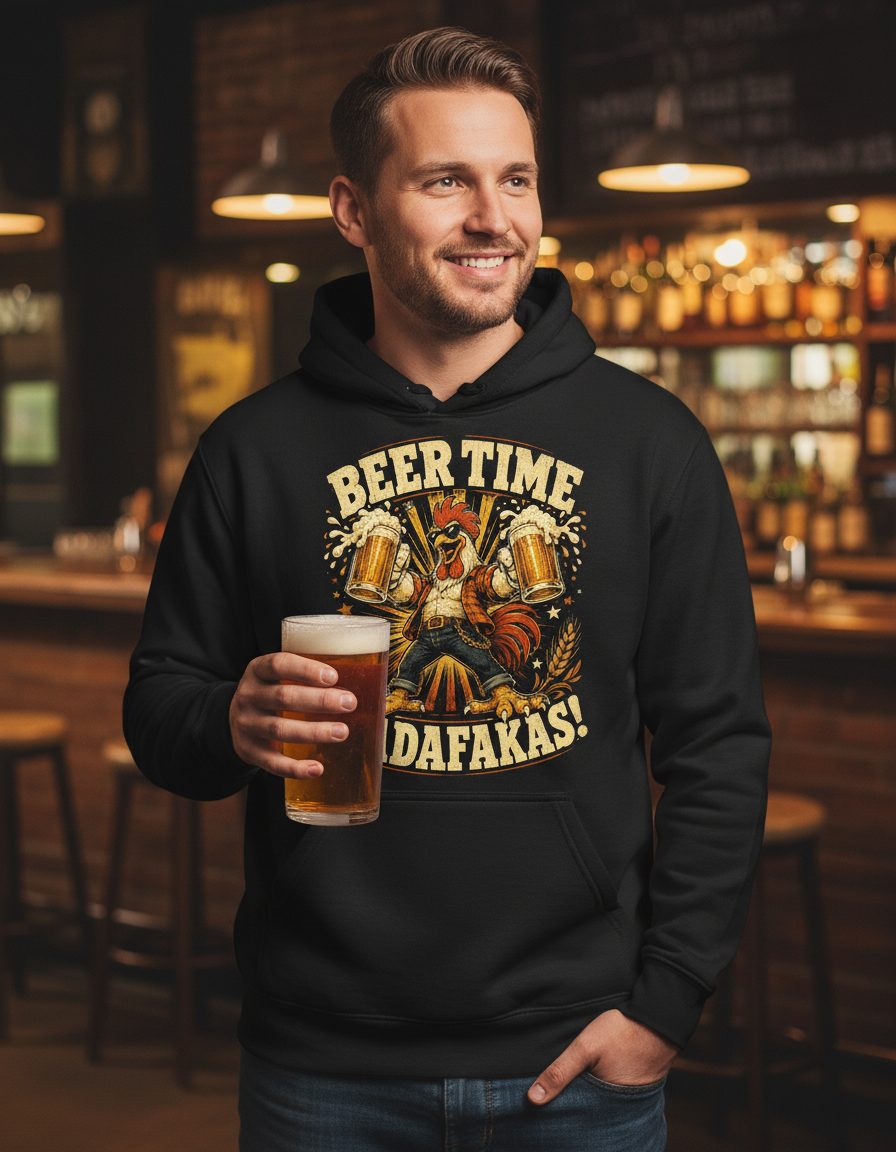 Beer Time Madafakas Funny Rooster Hoodie - lifestyle model mockup - Black
