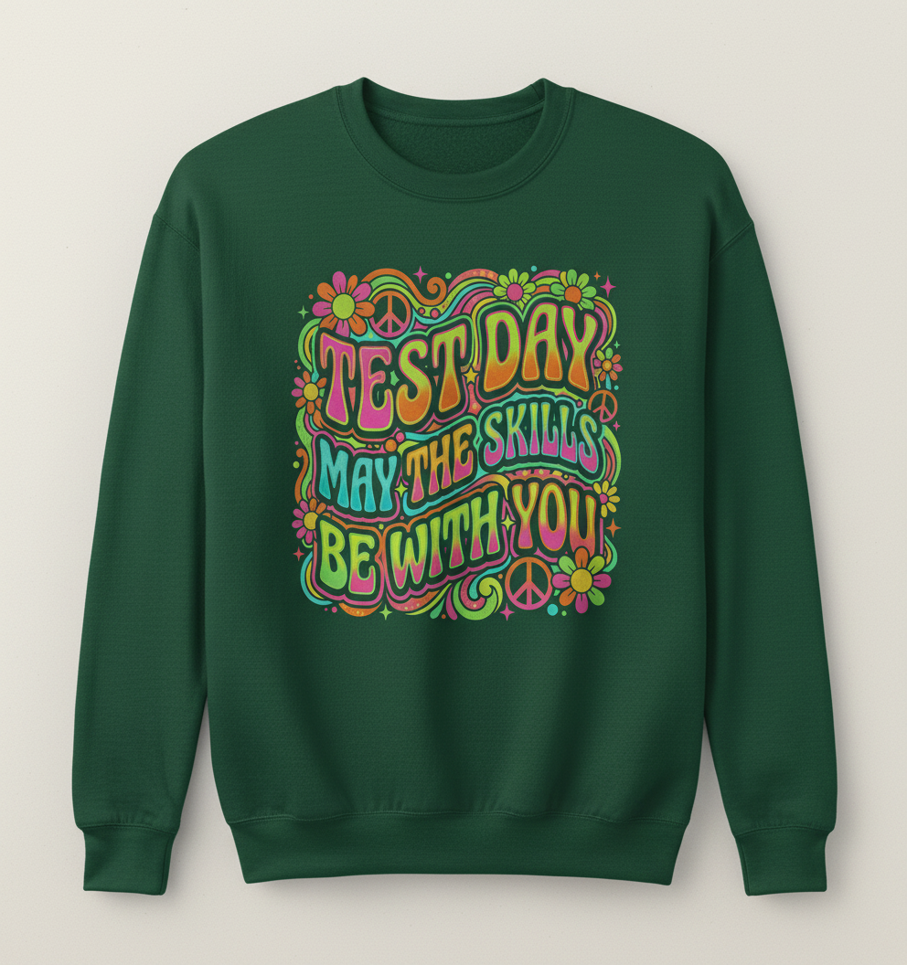 Test Day May The Skills Be With You Psychedelic Retro Design Sweatshirt - Forest Green