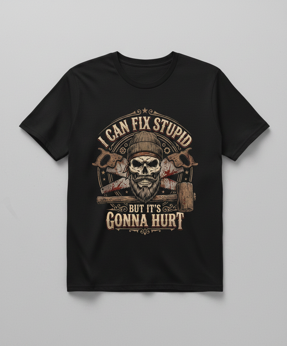 I Can Fix Stupid But It's Gonna Hurt Skull and Saws T-Shirt - Black