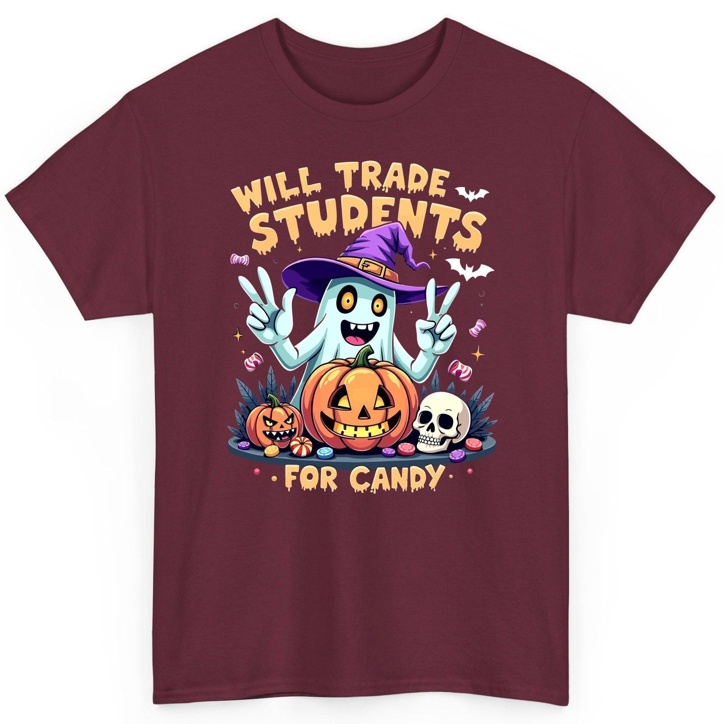 Will Trade Students for Candy teacher humor T-Shirt Maroon product mockup