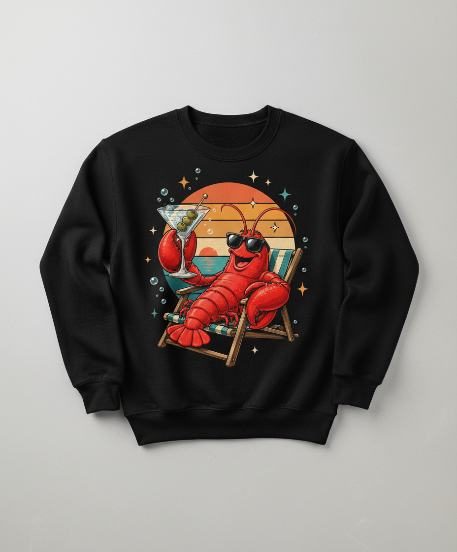 Cool Lobster Martini Beach Sunset T-Shirt Sweatshirt - Black