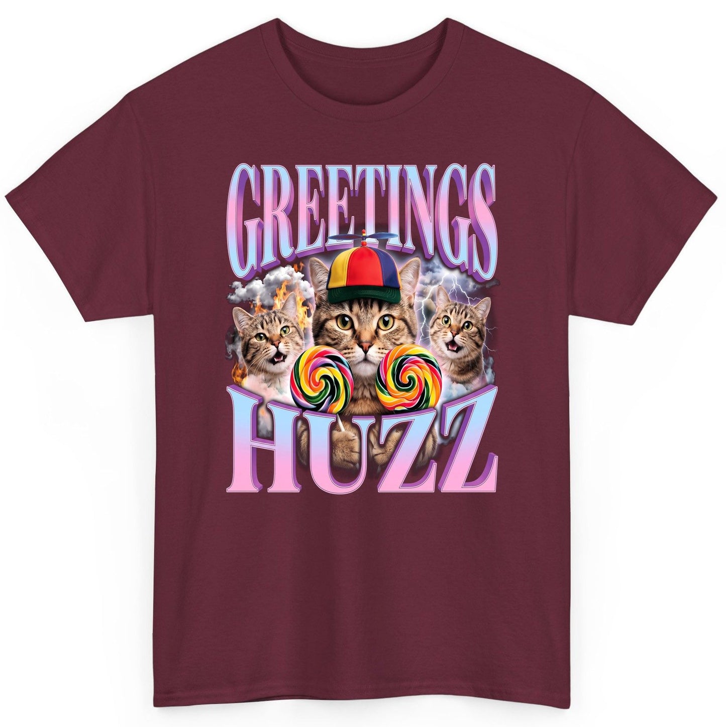Greetings Huzz Funny Cats T-Shirt - product mockup - Maroon