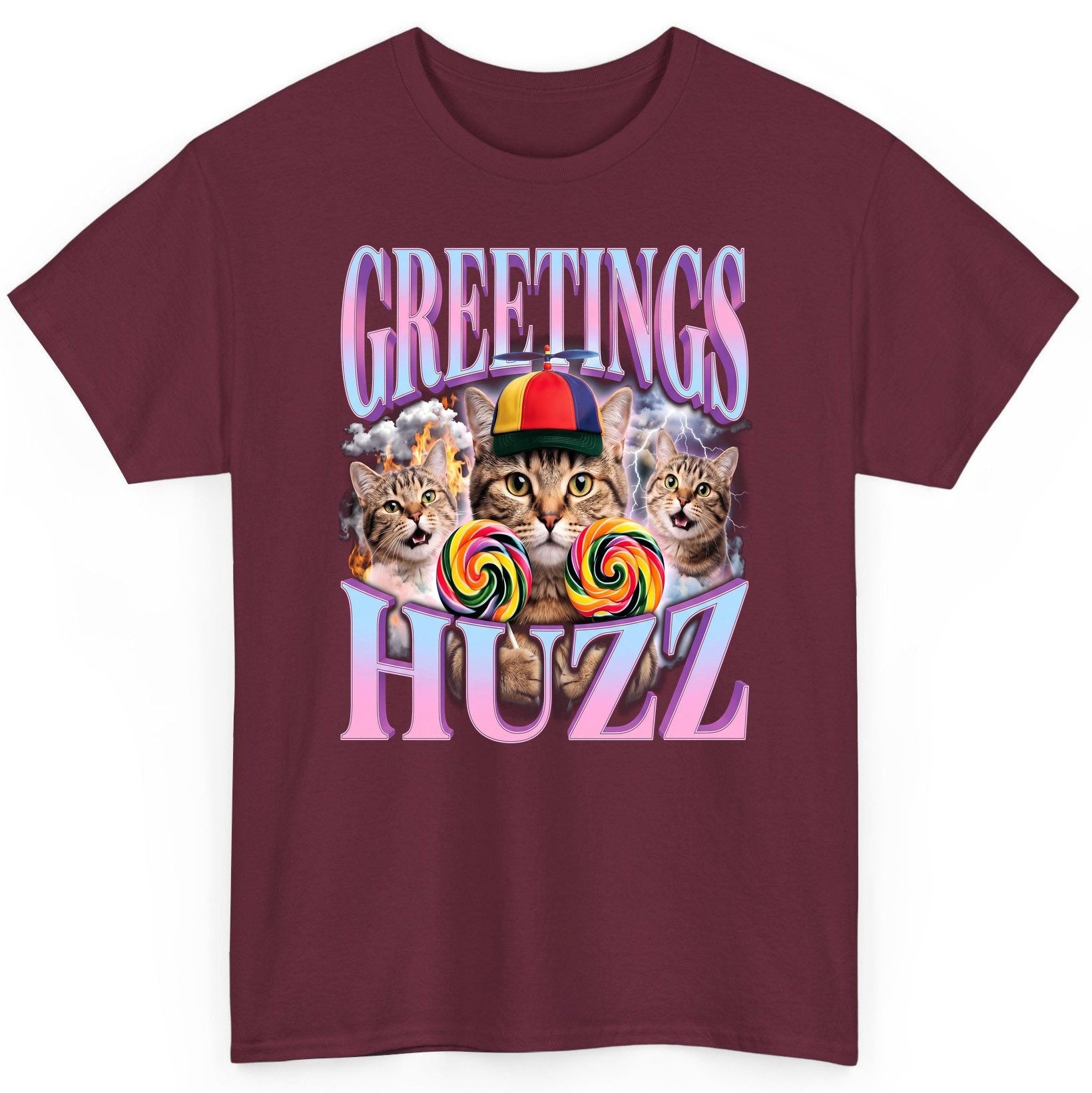 Greetings Huzz Funny Cats T-Shirt - product mockup - Maroon
