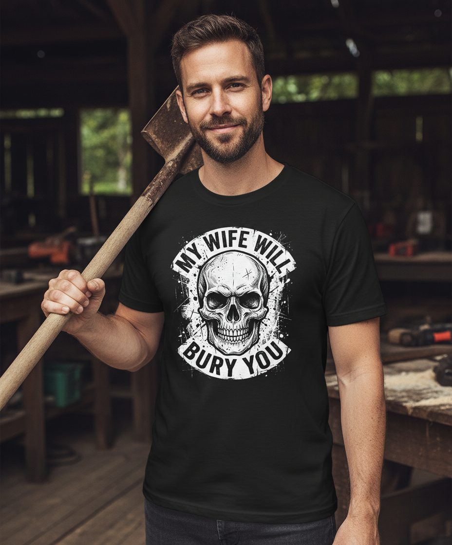 My Wife Will Bury You skull T-Shirt Black lifestyle mockup