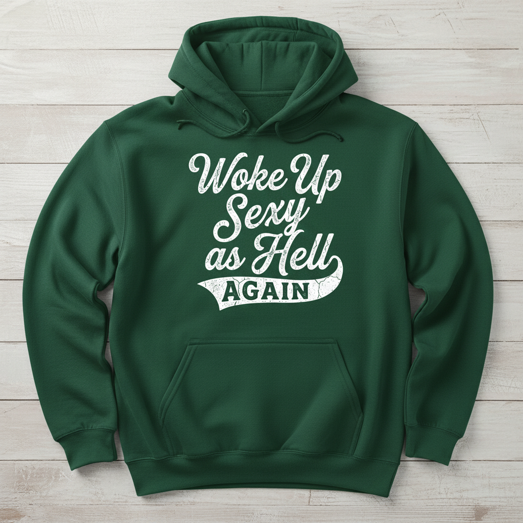 Woke Up Sexy As Hell Again Funny Sarcastic Quote Hoodie - Forest Green