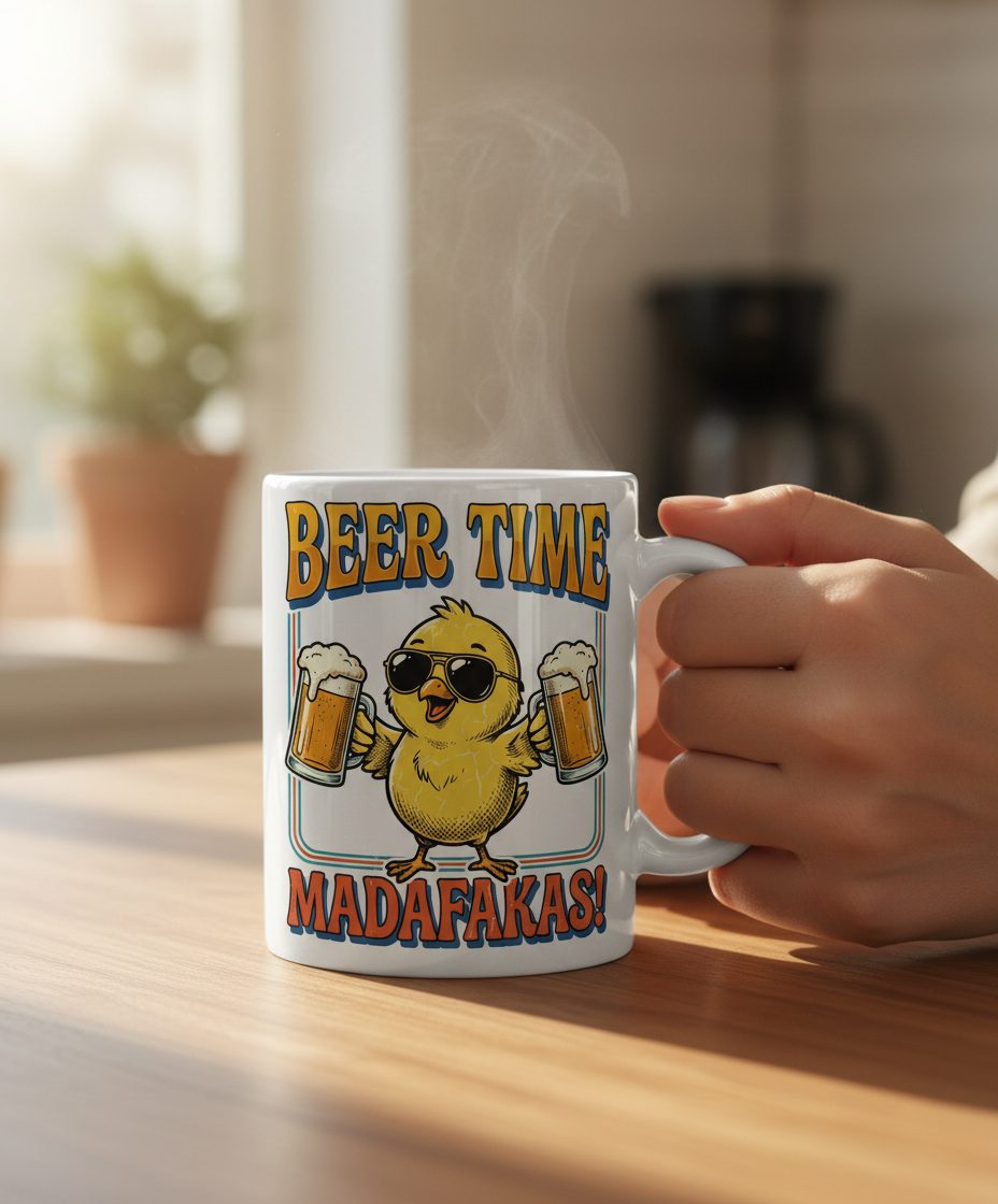 Funny Chick drinking beer Chick White Mug - lifestyle model mockup - White