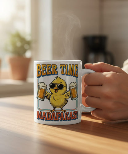 Funny Chick drinking beer Chick White Mug - lifestyle model mockup - White