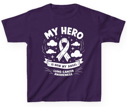 My Hero Is Now My Angel Lung Cancer Awareness lung cancer awareness Youth T-Shirt Purple product mockup