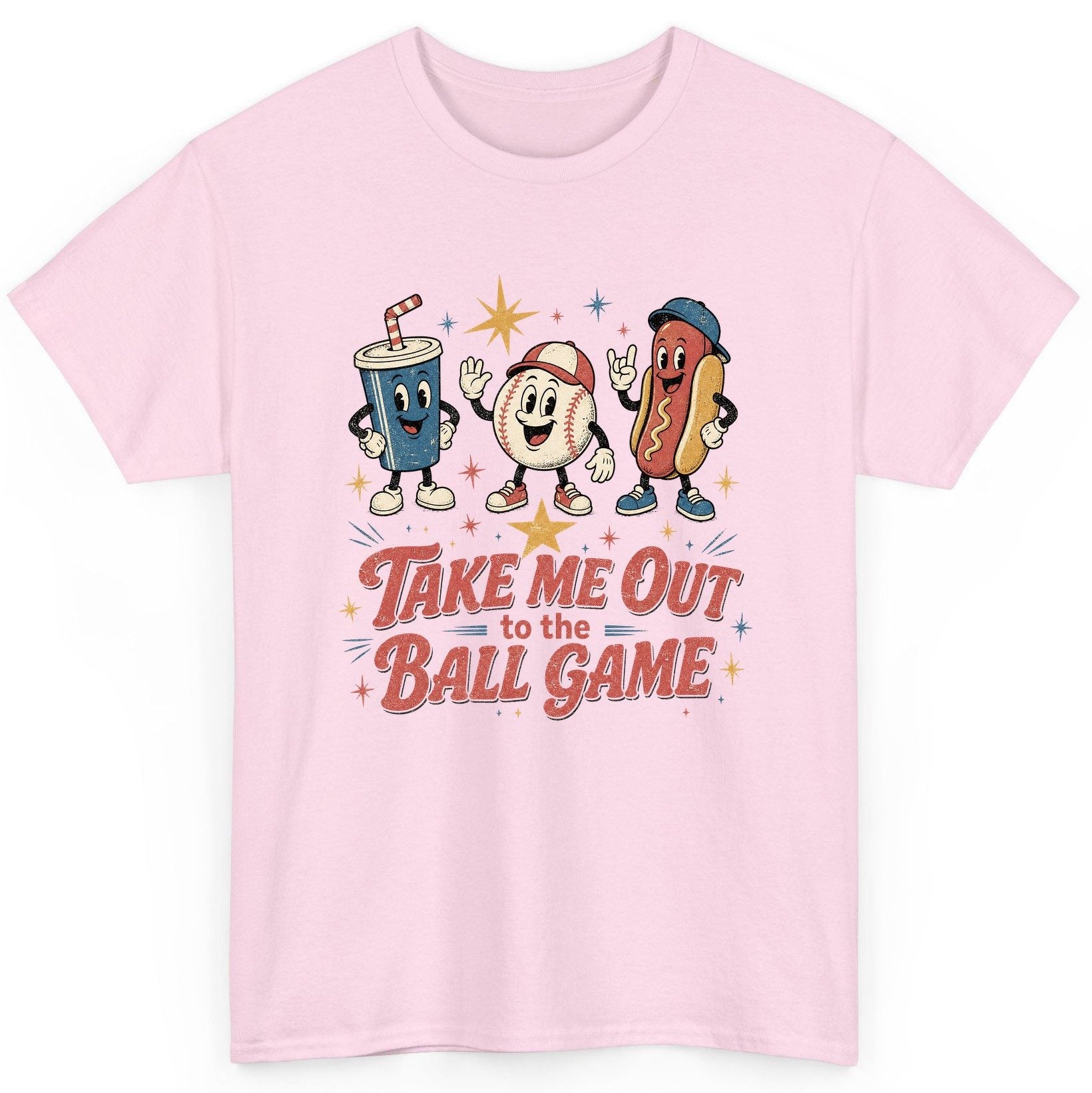 Take Me Out to the Ball Game Retro Baseball T-Shirt - product mockup - Light Pink