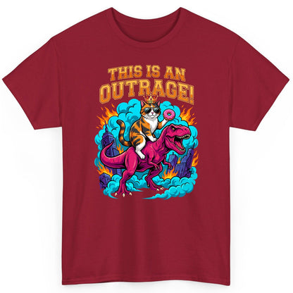 THIS IS AN OUTRAGE! Cat riding a T-Rex T-Shirt Cardinal Red product mockup