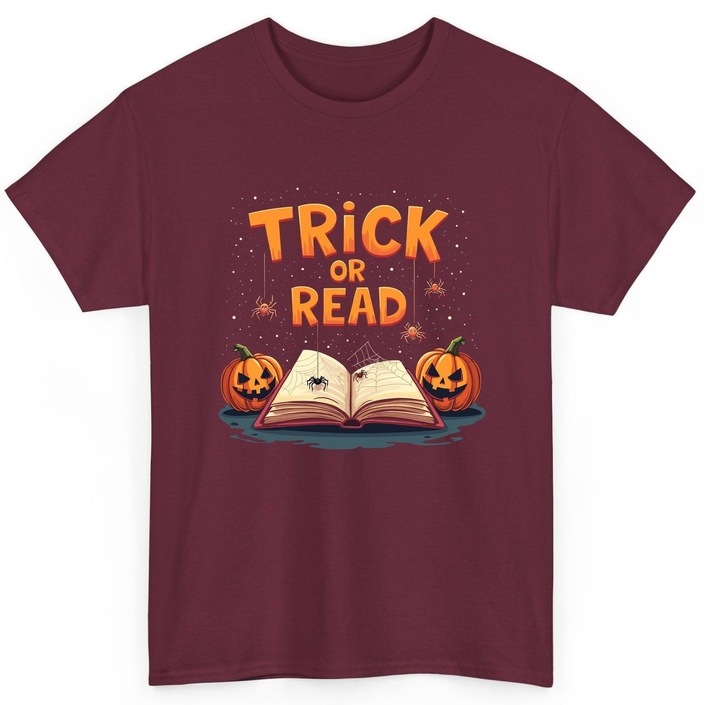 Trick or Read Halloween T-Shirt Maroon product mockup