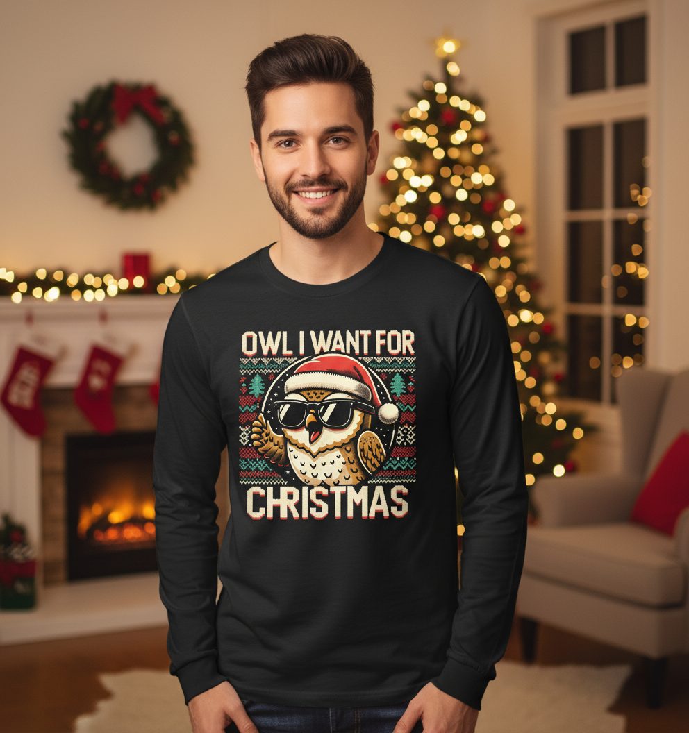 Owl I Want for Christmas Christmas owl Long Sleeve Tee Black lifestyle mockup