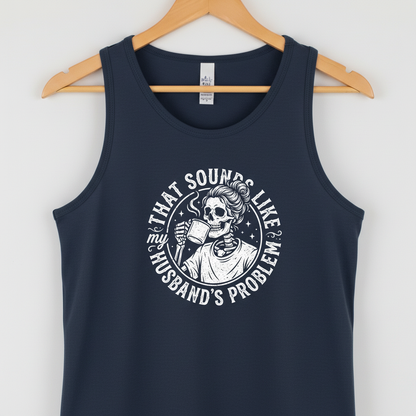 Skeleton Wife Drinking Coffee 'Husband's Problem' Design Tank Top - Navy