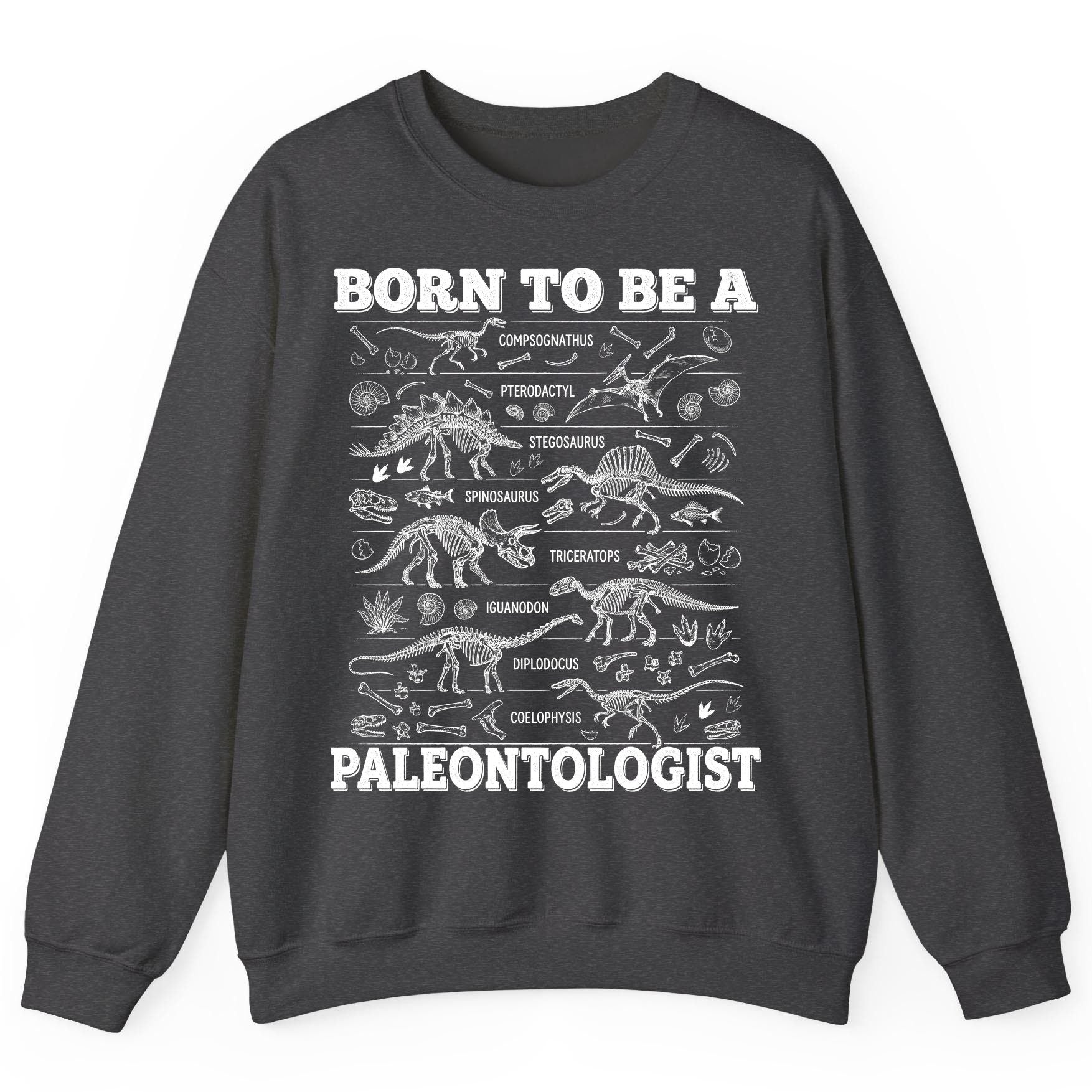 Born to Be a Paleontologist dinosaur skeletons Sweatshirt Dark Heather product mockup