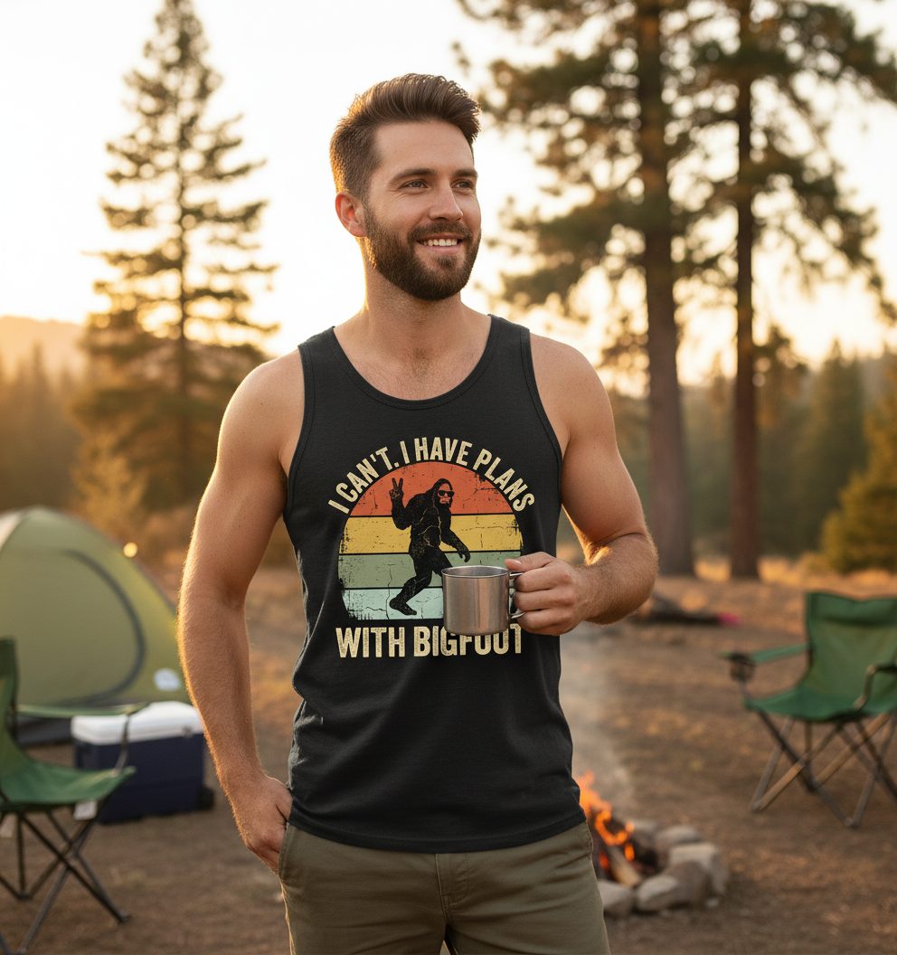 I Can't I Have Plans with Bigfoot bigfoot Tank Top Black lifestyle mockup