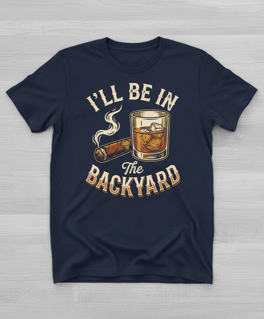 I'll Be In The Backyard Whiskey and Cigar Vintage Design T-Shirt - Navy