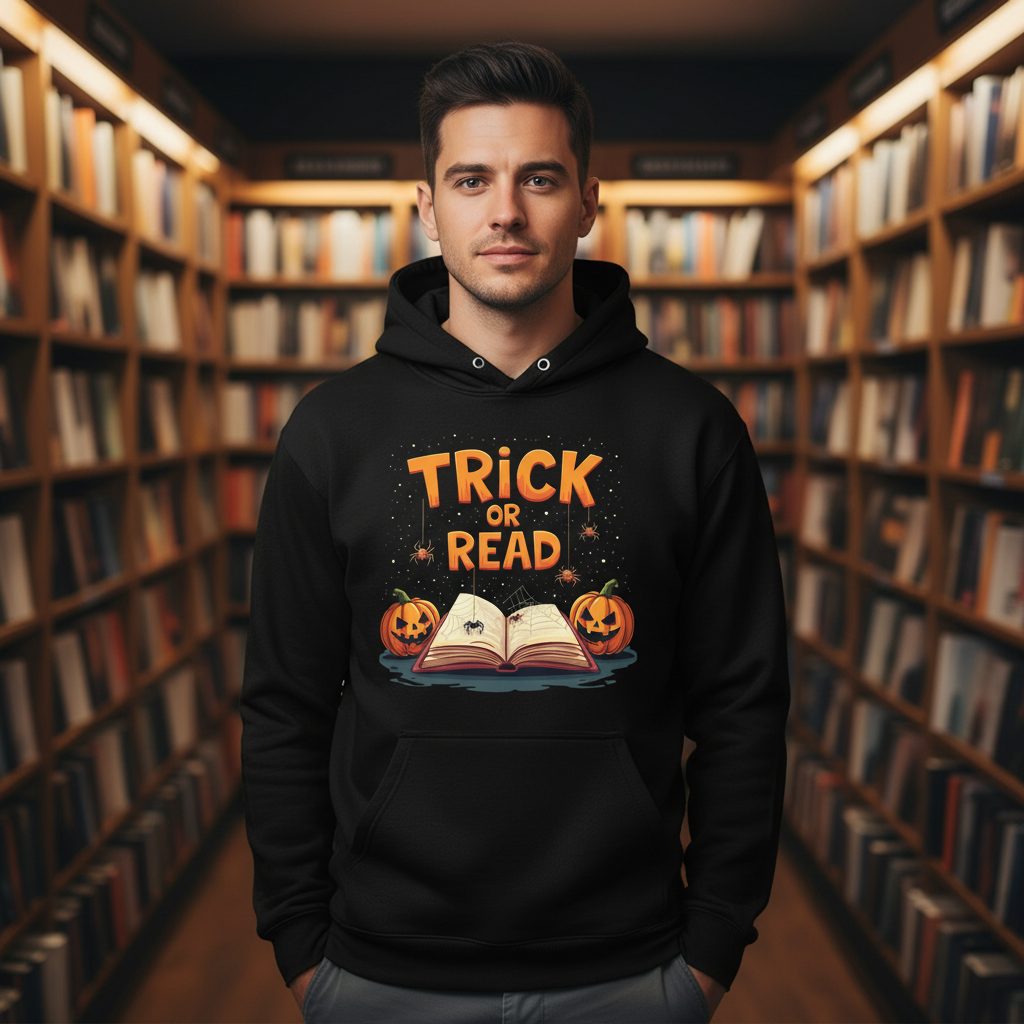 Trick or Read Halloween Hoodie Black lifestyle mockup