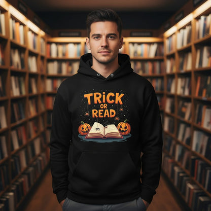 Trick or Read Halloween Hoodie Black lifestyle mockup