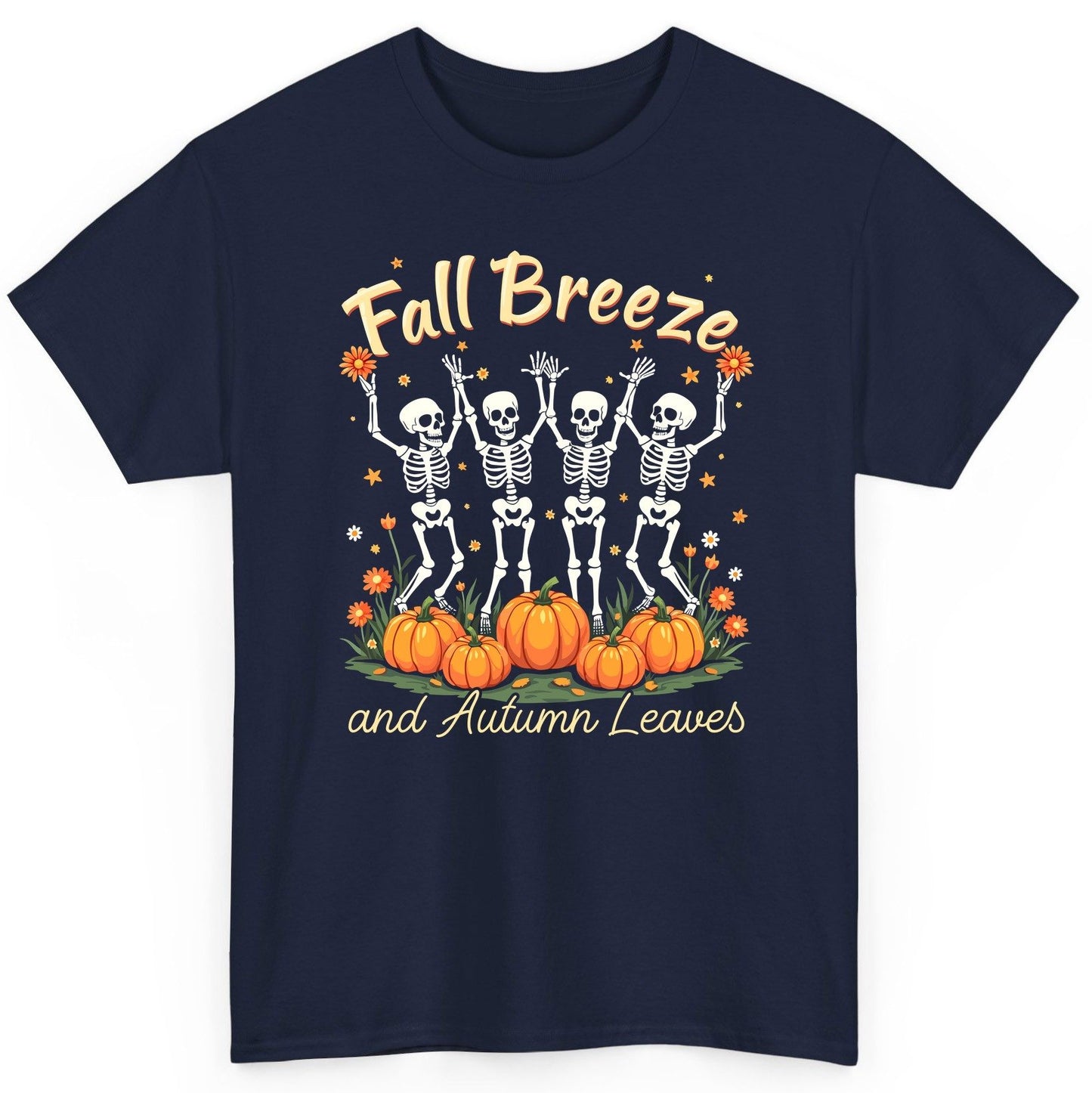 Fall Breeze and Autumn Leaves dancing skeletons T-Shirt Navy product mockup